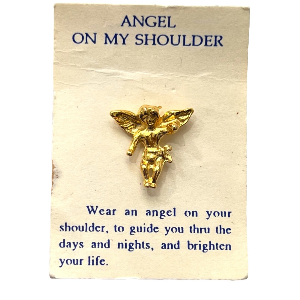 VINTAGE GUARDIAN ANGEL ON MY SHOULDER GOLD TONE BROOCH